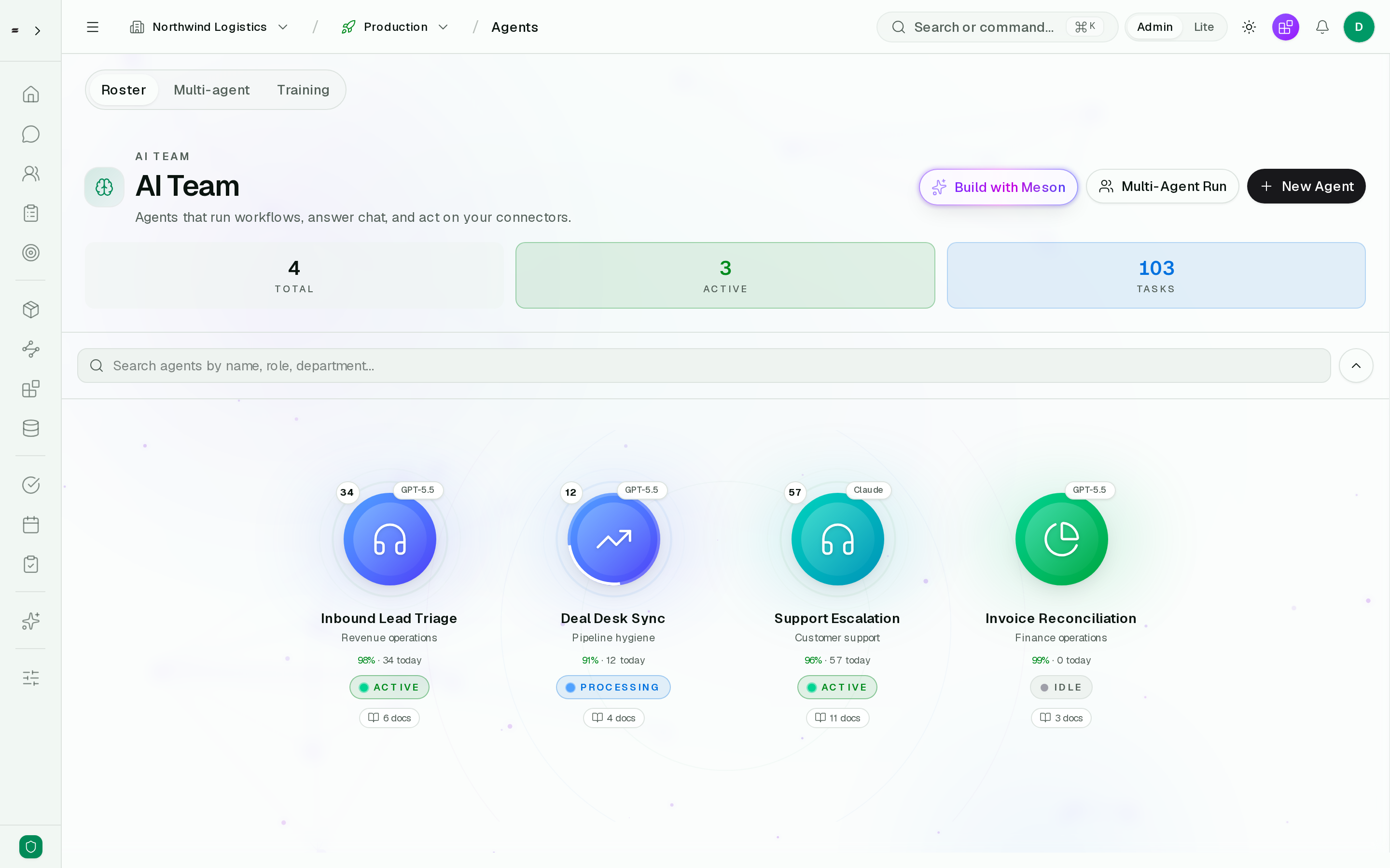 Agents roster showing four configured agents with their department, status, tasks today, and success rate.