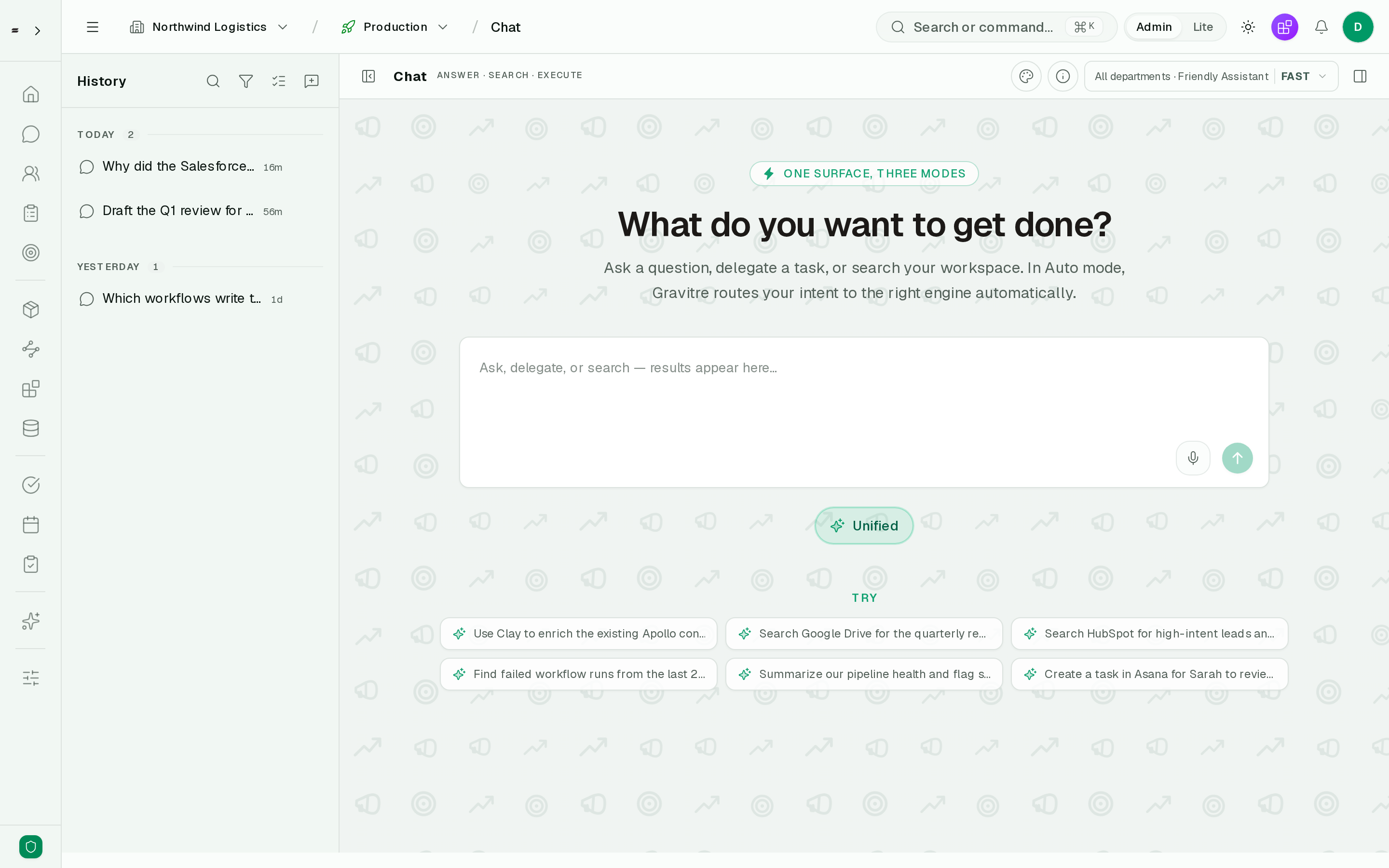Gravitre AI workspace with the conversation history panel open, showing three past threads and the ask box with org-specific suggestion chips.